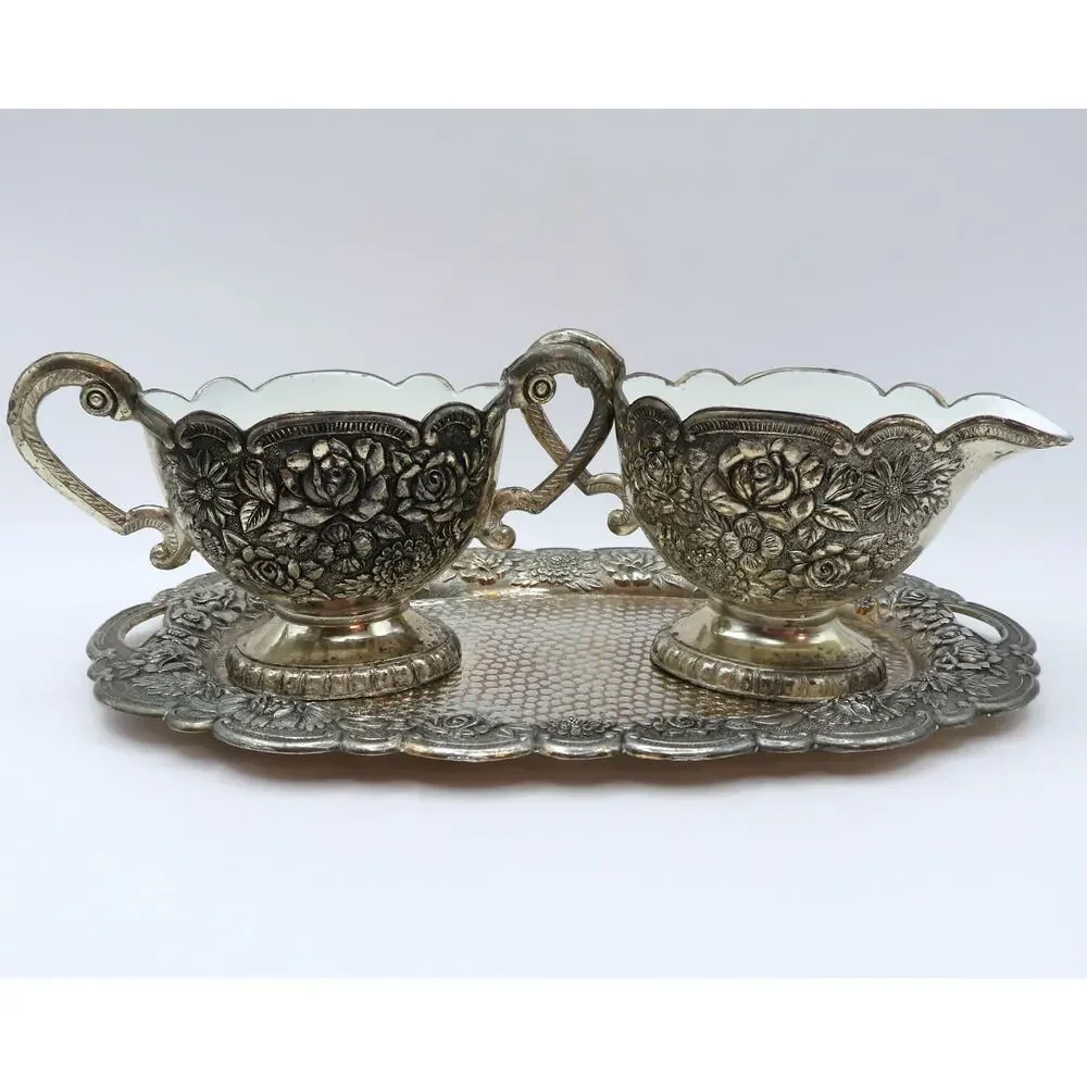 Vintage Cream Sugar Set w Tray, A Price Imports Japan Floral Silver Tone by APCO